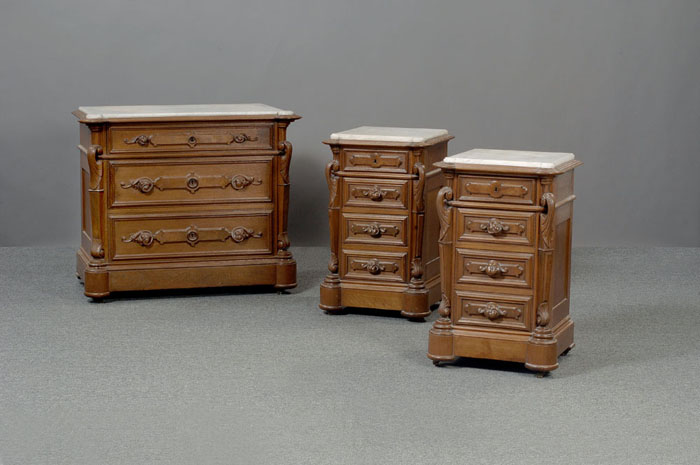 Appraisal: VICTORIAN MARBLE TOP WALNUT FOUR-DRAWER CHEST WITH TWO MATCHING SIDE