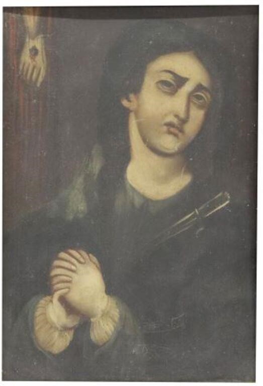 Appraisal: Framed oil on tin retablo Nuestra Senora de los Dolores