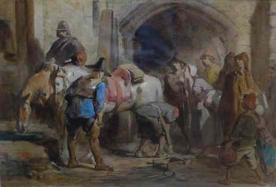 Appraisal: George Cattermole - watercolour Roundheads beside a farrier x in