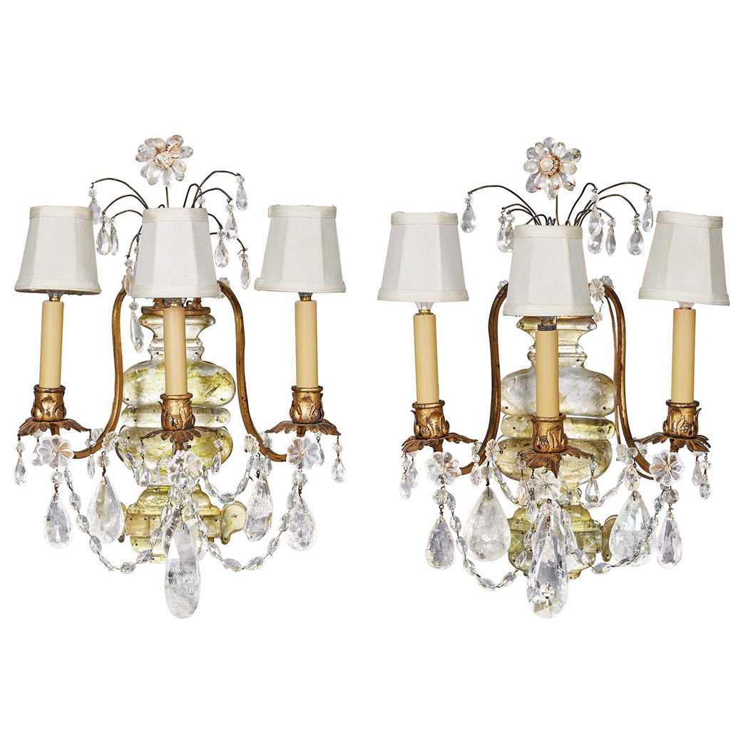 Appraisal: Pair of Bagues Style Rock Crystal and Gilt-Metal Three-Light Sconces