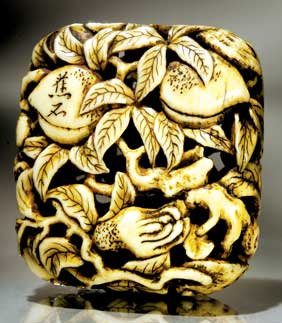 Appraisal: ANTIQUE IVORY RYUSA NETSUKE Well carved ivory antique openwork ryusa