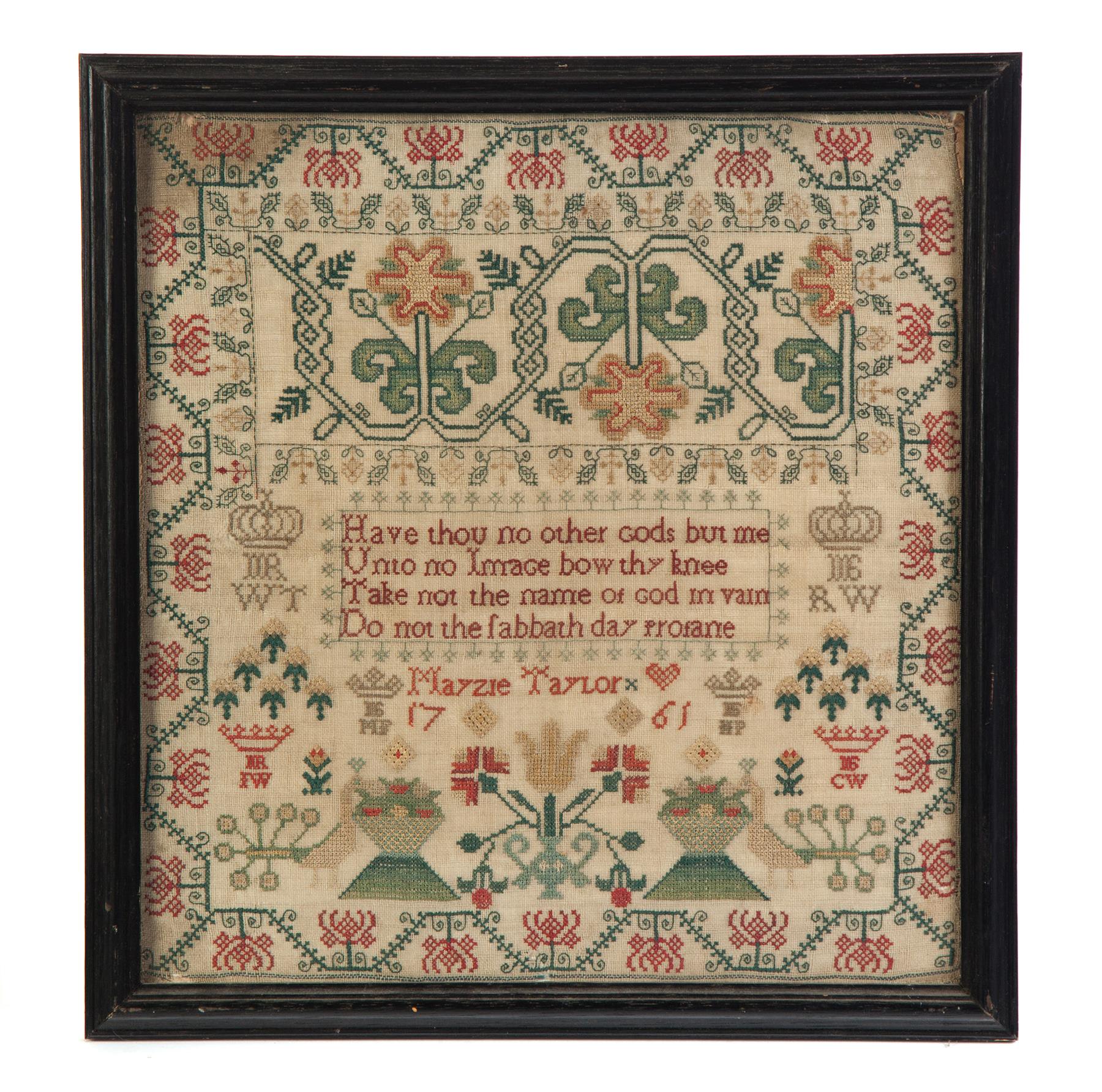 Appraisal: EARLY SAMPLER Probably Scotland dated silk on wool Stylized floral