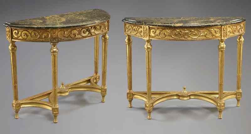 Appraisal: Pr Louis XVI style gilt wood console tableswith gray and