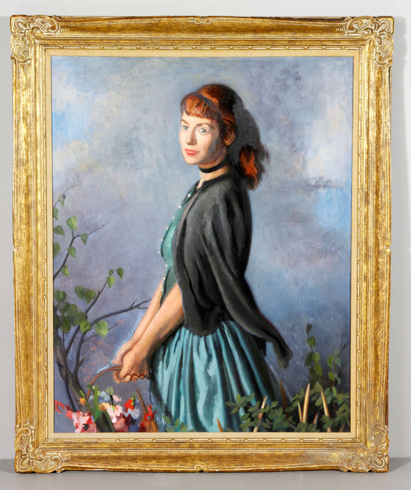 Appraisal: - Young Girl Holding Flowers O C Scene of a