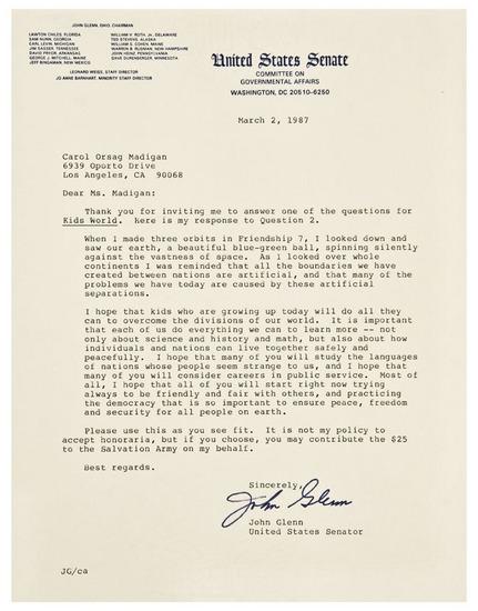 Appraisal: SPACE -- John GLENN b Typed letter signed with photograph