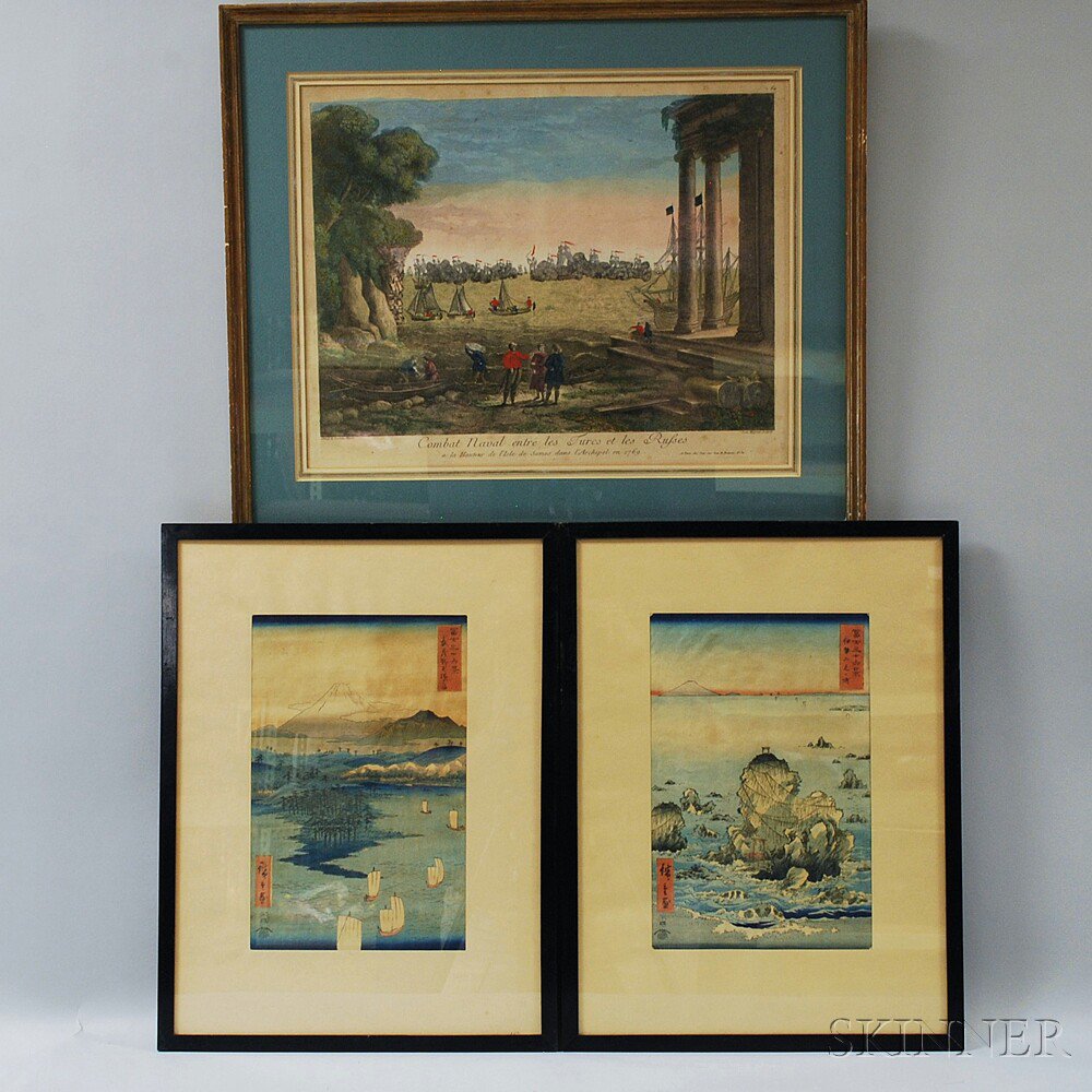 Appraisal: Two Japanese Woodblocks and a French Engraving the hand-colored woodblocks