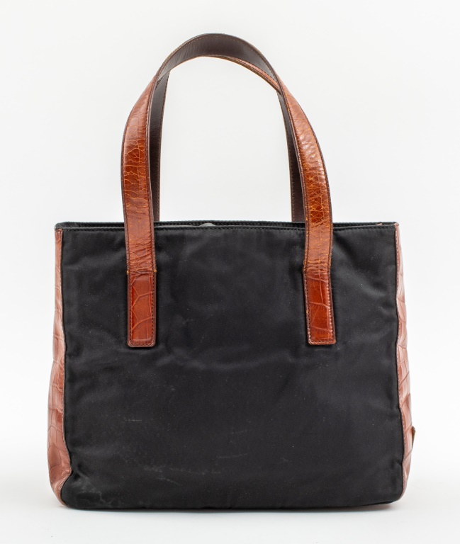 Appraisal: PRADA BLACK NYLON WITH BROWN LEATHER HANDBAG Prada black nylon