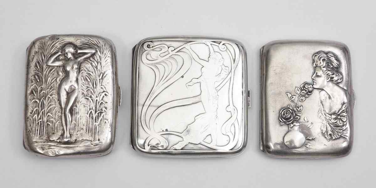 Appraisal: ART NOUVEAU STERLING CIGARETTE CASES pieces to include Schmitz Moore