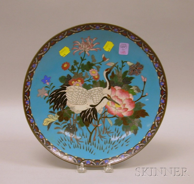 Appraisal: Japanese Cloisonne Flower and Crane Decorated Charger dia in