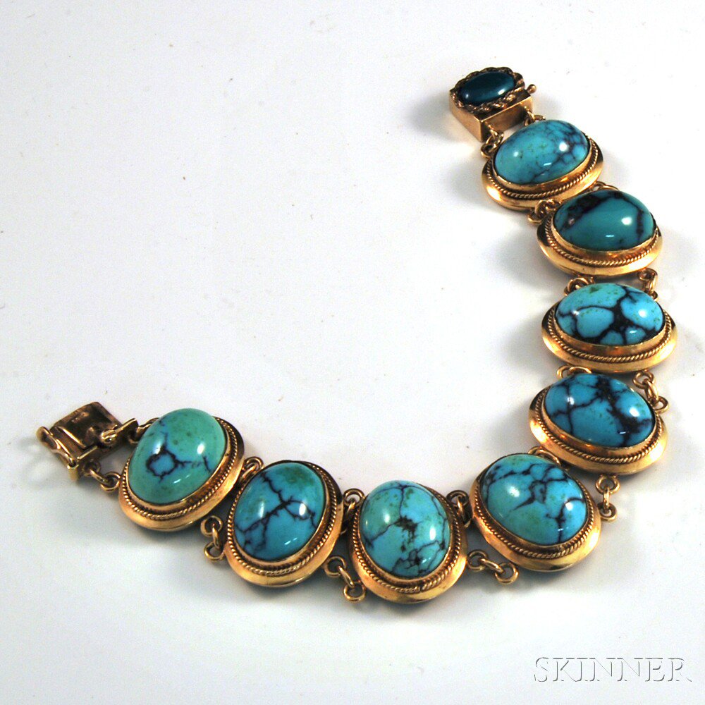 Appraisal: kt Gold and Turquoise Bracelet composed of eight turquoise cabochons