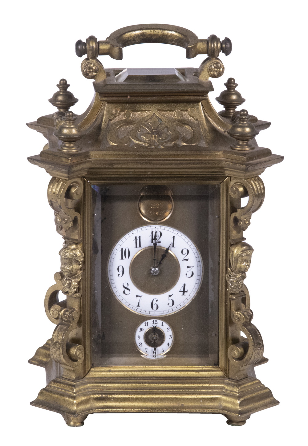 Appraisal: FRENCH CARRIAGE CLOCK Late th c Gilded Brass Porcelain and