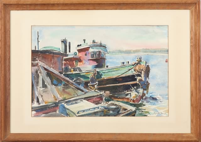 Appraisal: Water scene with tugboat watercolor x sight SLR Artist American