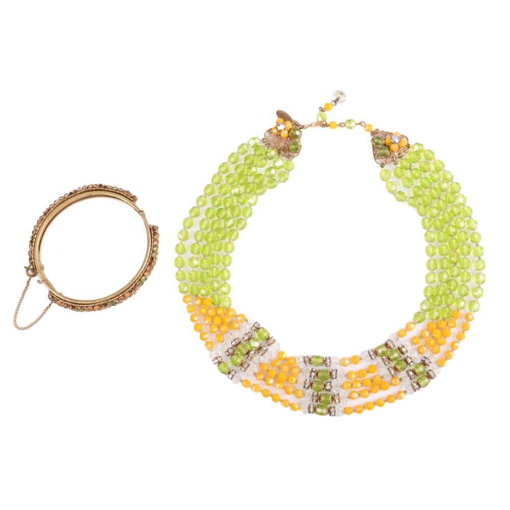 Appraisal: MIRIAM HASKELL PC GROUP MULTI STRAND YELLOW GREEN CRYSTAL COLLAR