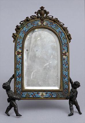 Appraisal: FRENCH CLOISONN -MOUNTED BRONZE AND BRASS DRESSING TABLE MIRROR The