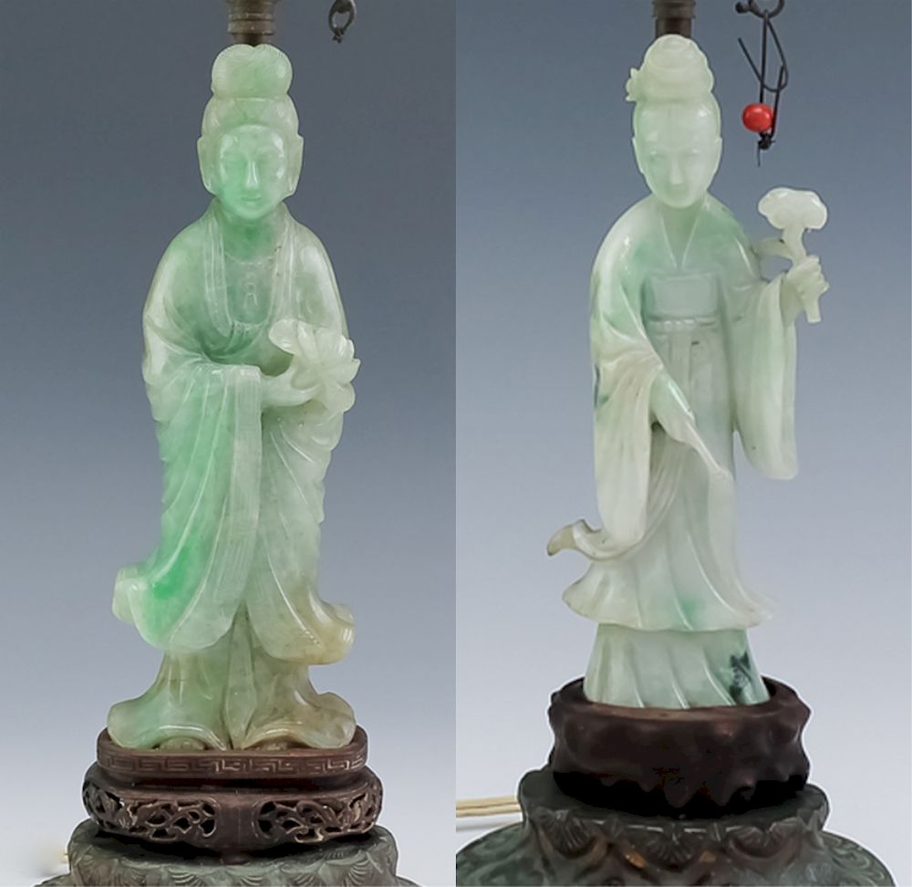 Appraisal: Old Chinese Green Jade Carved Quan Yin Figures Pair of