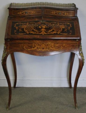 Appraisal: Antique Rosewood Marquetry Inlaid BronzeMounted Drop Front Desk Beautiful with