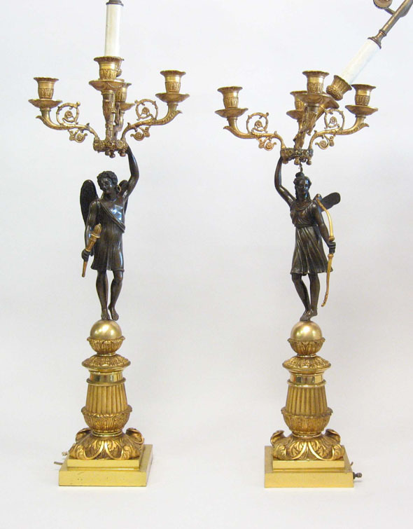 Appraisal: Pair of Empire style gilt and patinated bronze five-light candelabra