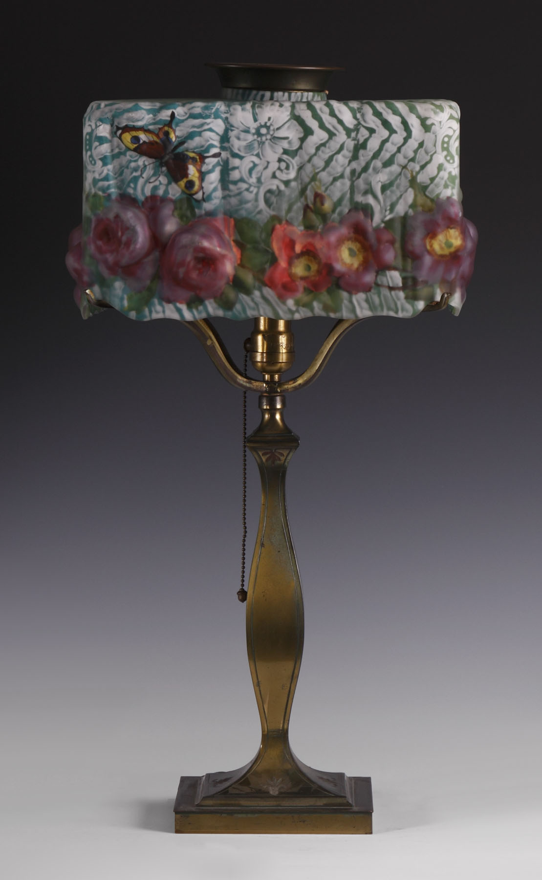 Appraisal: Pairpoint Puffy Lamp w Square Shade Butterfly rose Patinated metal