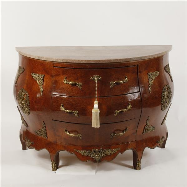 Appraisal: French Bombe ormolu mounted marble top demilune commode Separations in