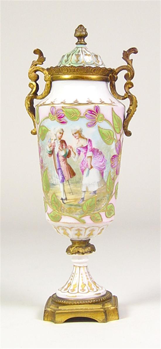 Appraisal: French Sevres Portrait Urn Painted portrait scene of courting couple