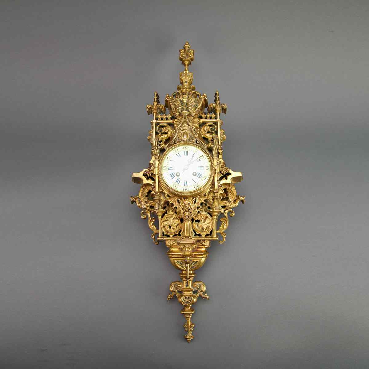 Appraisal: French Gothic Style Gilt Bronze Cartel Clock c the inch