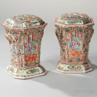 Appraisal: Pair of Rose Medallion Porcelain Bough Pots and Covers imperfections