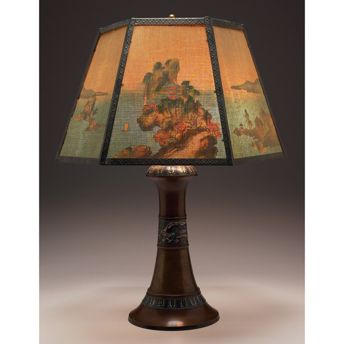 Appraisal: Arts Crafts lamp bronzed metal base with colorful enameled designs