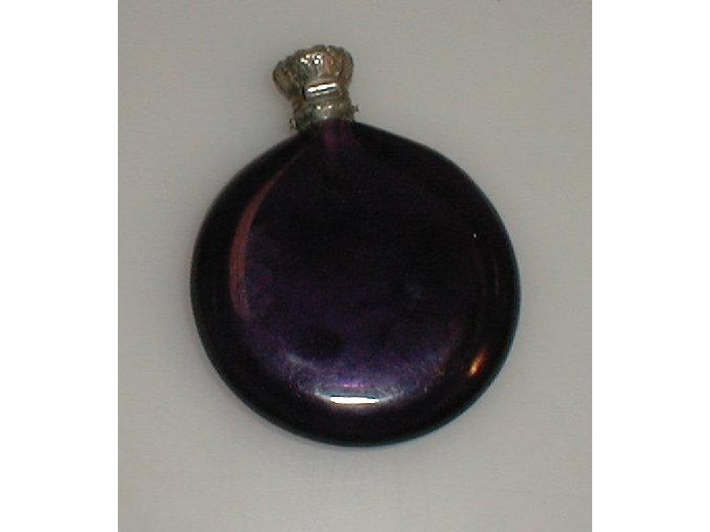 Appraisal: A flattened circular amethyst glass perfume bottle with white metal