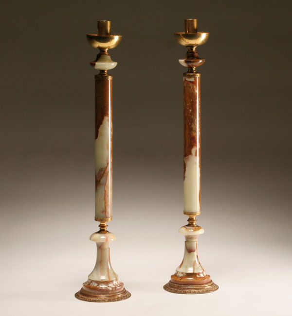 Appraisal: Pair tall onyx ormolu mounted candlesticks pierced gilt metal mounts