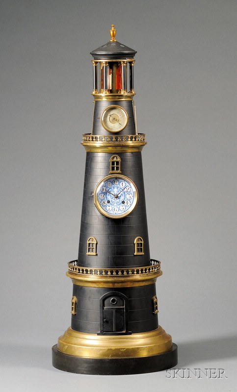 Appraisal: Large Whimsical French Brass and Patinated Metal Lighthouse-form Clock and