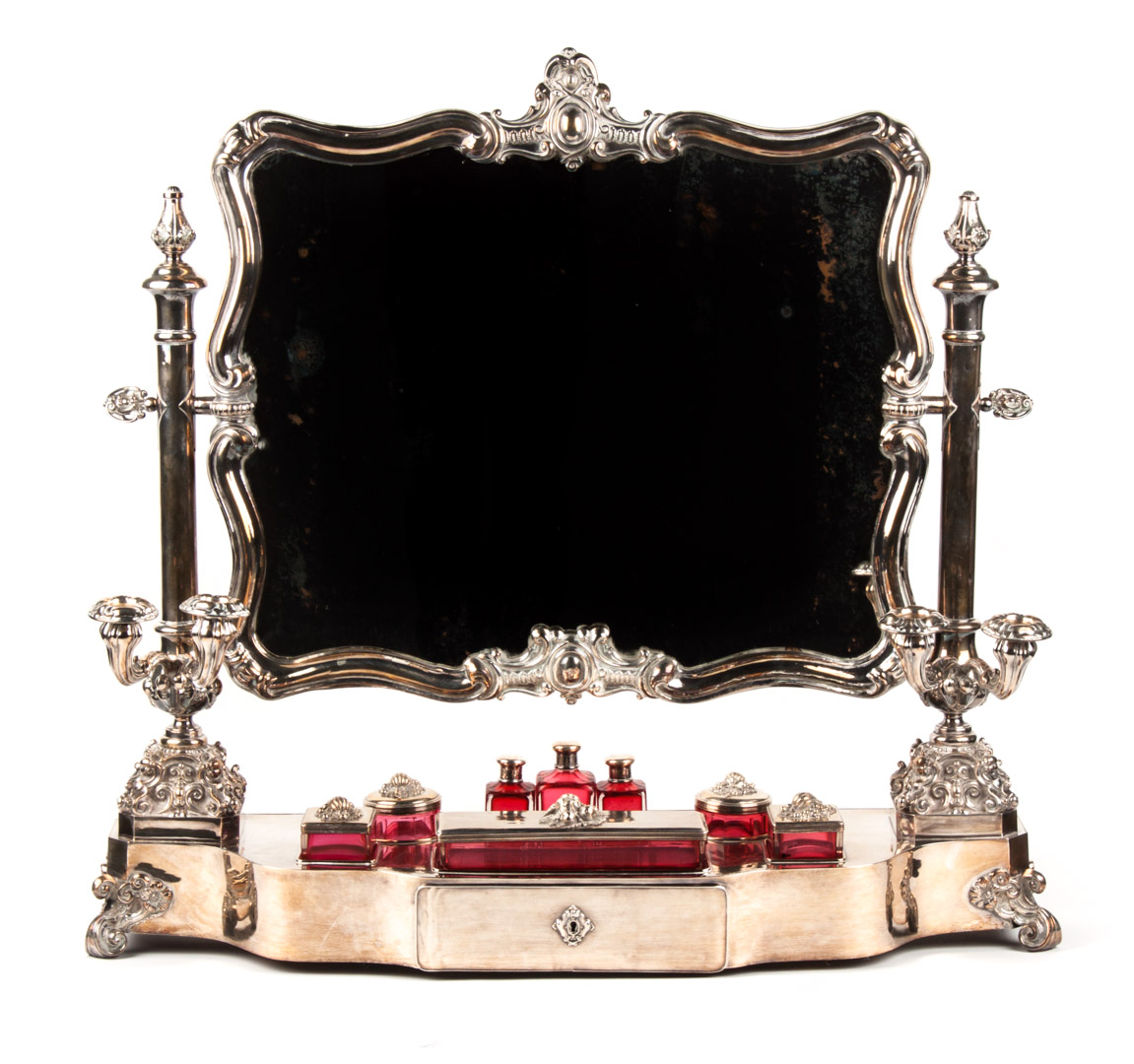 Appraisal: Continental silver-plated dressing mirror Third quarter- th century with accessories