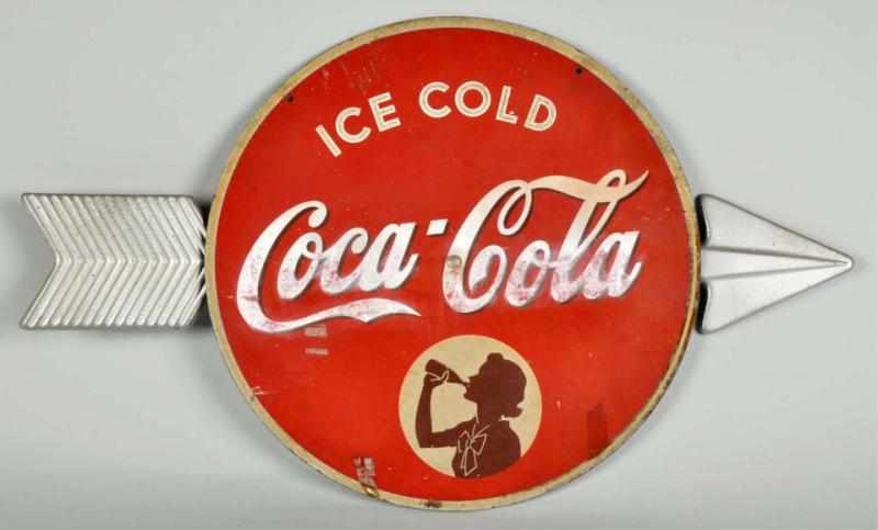 Appraisal: Masonite Metal Coca-Cola Sign Description Circa Metal arrow has been