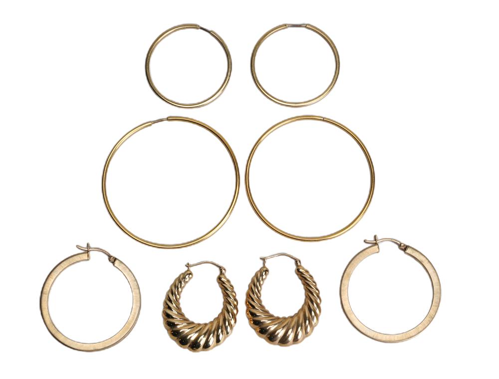 Appraisal: FOUR PAIRS OF YELLOW GOLD HOOP EARRINGSthe large hoops are