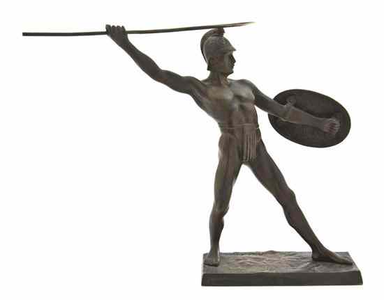 Appraisal: A Continental Bronze Figure circa depicting a helmeted warrior the