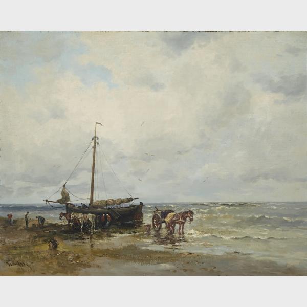 Appraisal: Dorus Arts - FISHERFOLK ON A BEACH Dutch Oil on