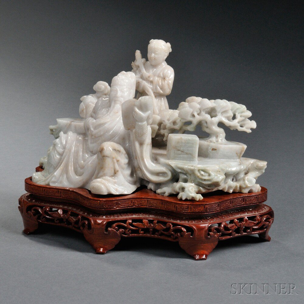 Appraisal: Jade Figural Group on Wood Stand China depicting a seated