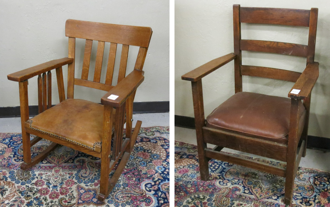 Appraisal: CRAFTSMAN OAK ROCKING CHAIR AND ARMCHAIR American Arts Crafts era