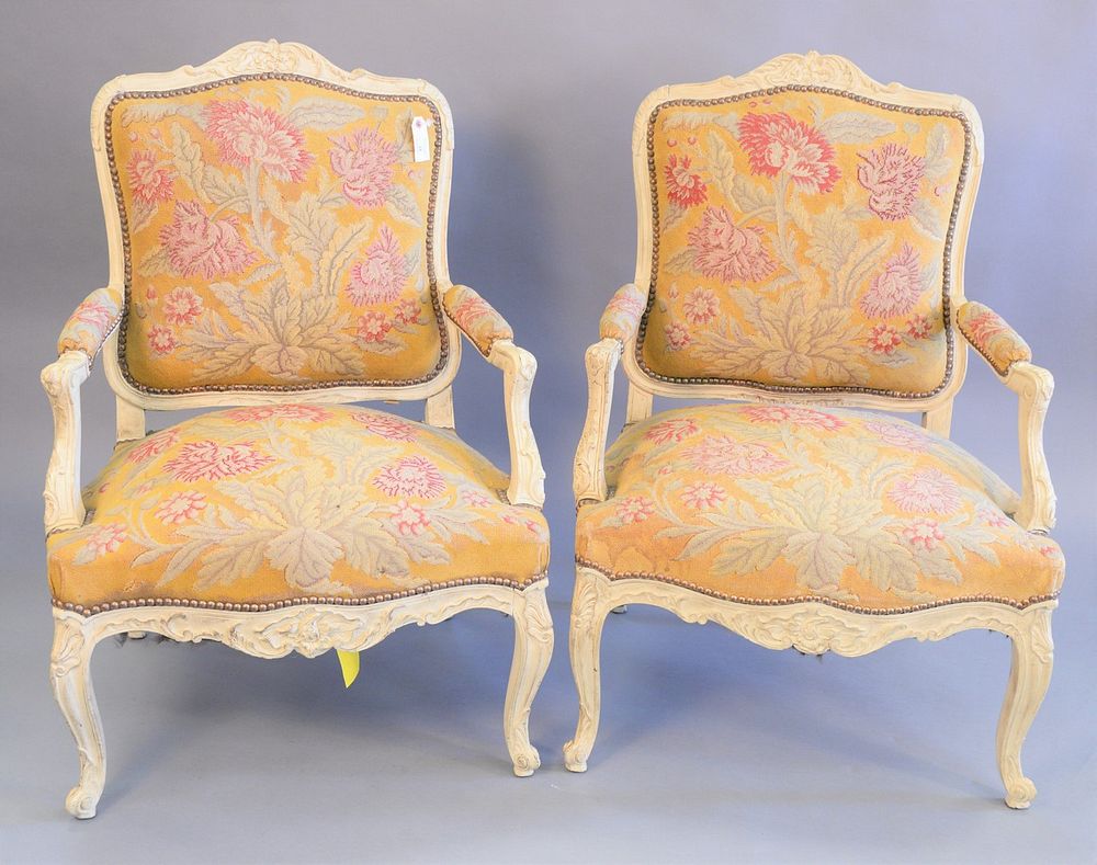 Appraisal: Pair of Louis XV style fauteuil needlepoint upholstery ht wd