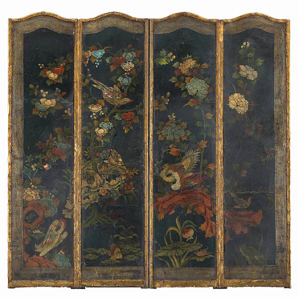 Appraisal: A Continental painted leather four panel floor screen th century