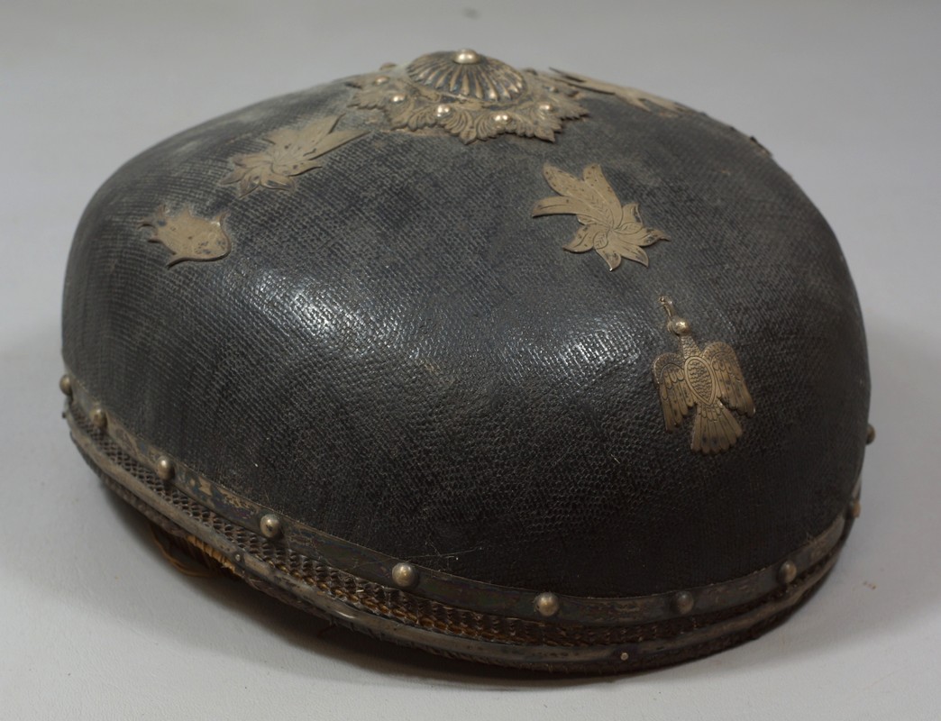 Appraisal: Japanese Woven Helmet with silver applique of fish birds leaves