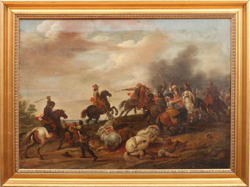 Appraisal: CONTINENTAL SCHOOL BATTLE SCENE Oil on canvas unsigned lined x