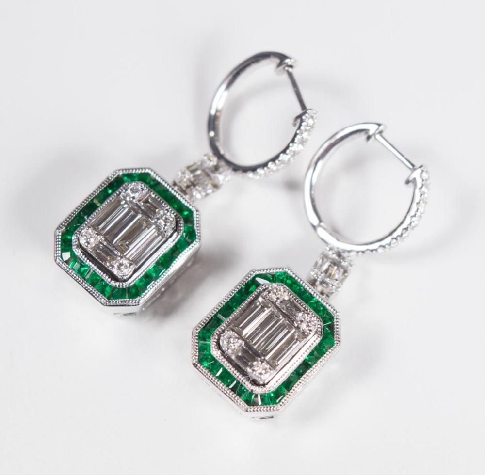 Appraisal: PAIR OF DIAMOND EMERALD AND EIGHTEEN KARAT GOLD EARRINGS Each