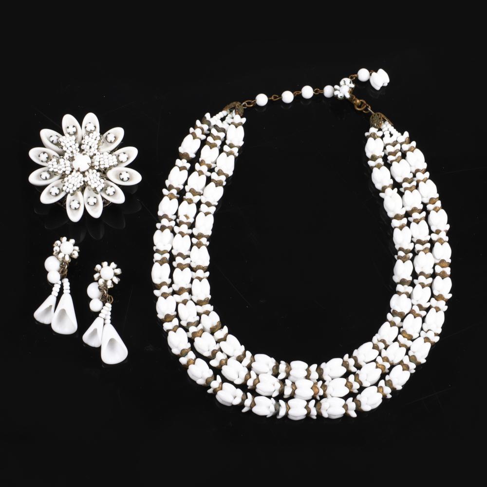 Appraisal: MIRIAM HASKELL PC WHITE GLASS BEAD -STRAND NECKLACE FLORAL BROOCH