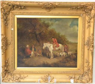 Appraisal: Hunter Approaching Travelers oil on canvas unsigned restretched and relined