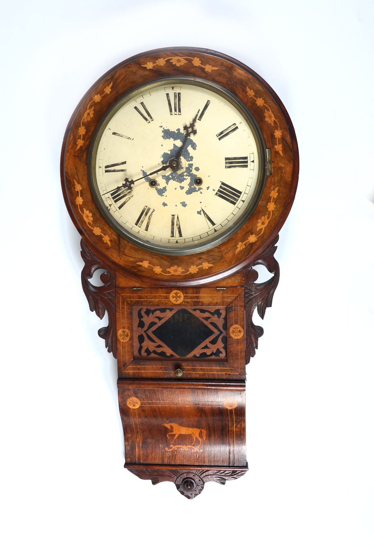 Appraisal: MARQUETRY INLAID WALL CLOCK Anglo American Standard movement inlaid marquetry