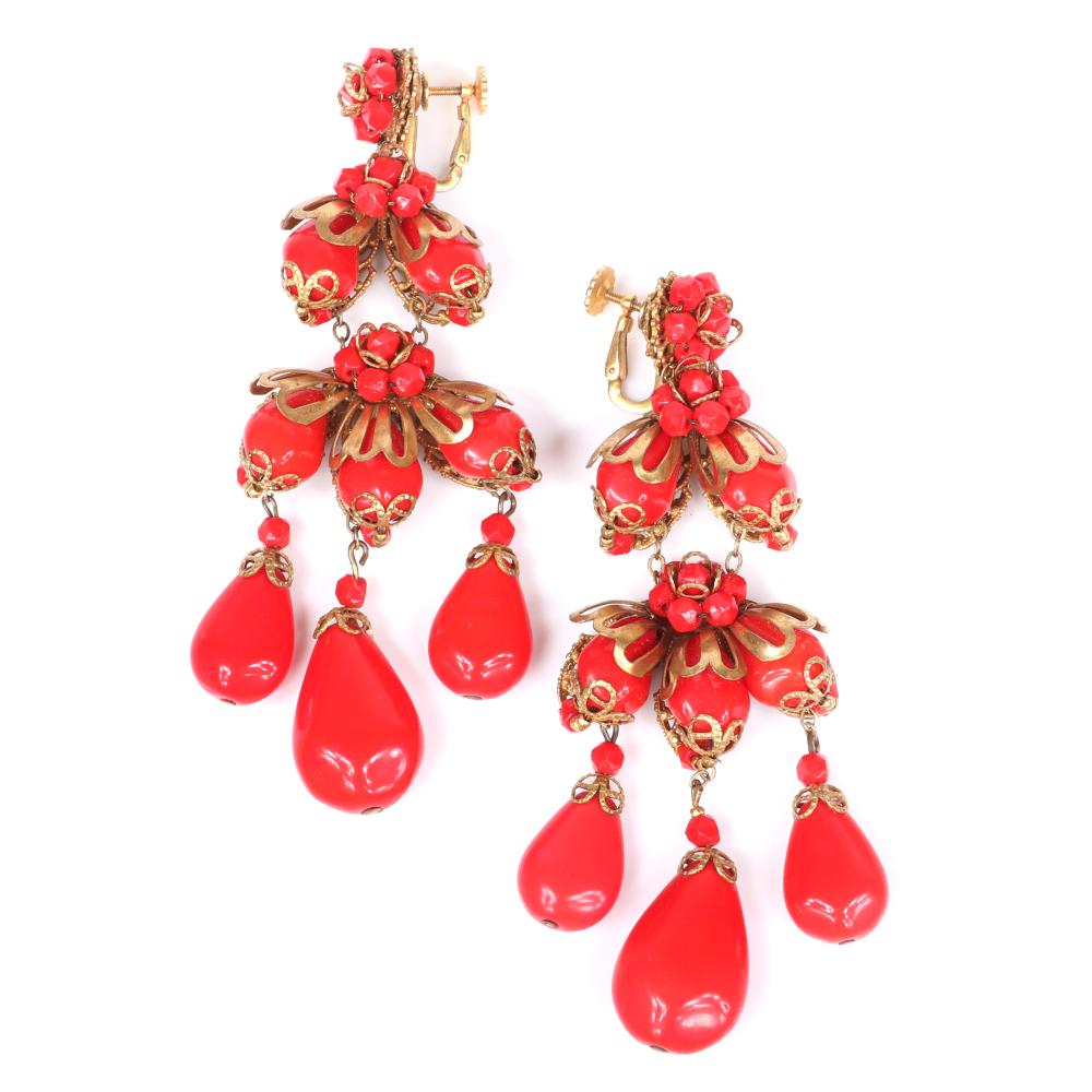 Appraisal: MIRIAM HASKELL CHANDELIER LONG EARRINGS WITH MOLDED RED GLASS TEARDROPS