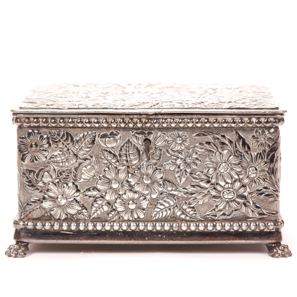 Appraisal: Meriden Victorian silver plated floral repousse jewelry casket with claw