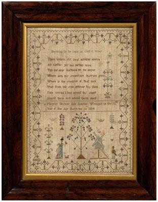 Appraisal: pictorial and verse sampler lower panel with woman holding fan