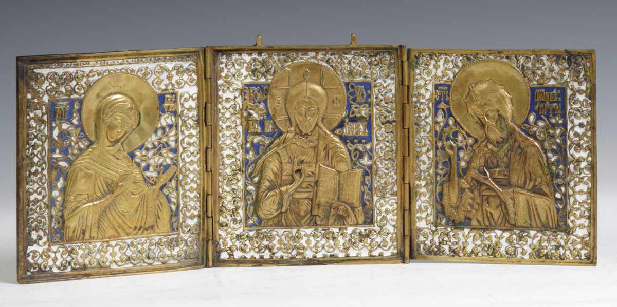 Appraisal: Early Enameled Brass Triptych Icon Condition Some loss to enamel