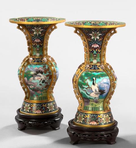 Appraisal: Pair of Kuang Hsu Fret-Ribbed Cloisonne Four Seasons Vases first